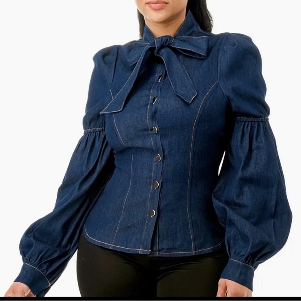 neck tie denim shirt with puff sleeves